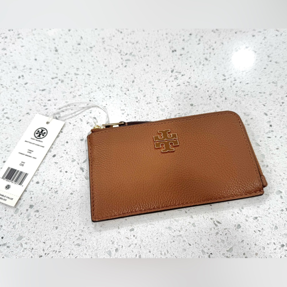 Tory Burch Britten Pebbled Leather Zip Card Case Gold Logo NWT brown tan - Picture 8 of 8